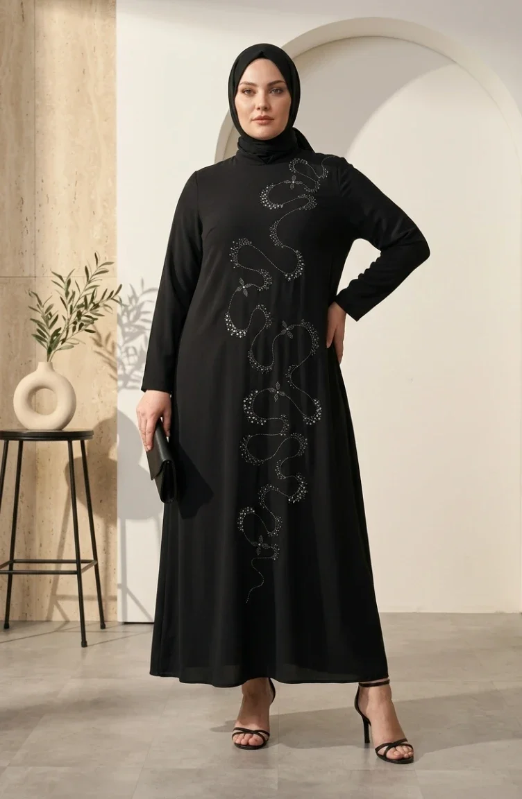 Robe De Soirée Hijab Ornée Grande Taille 6385-03 Noir 6385-03