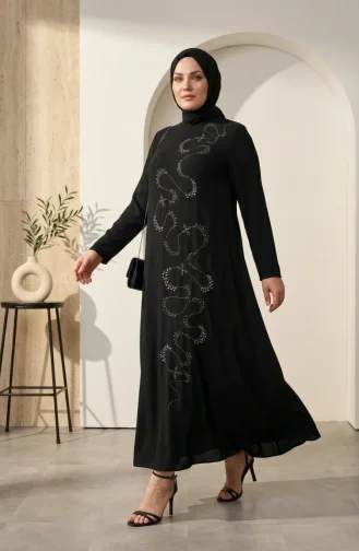 Robe De Soirée Hijab Ornée Grande Taille 6385-03 Noir 6385-03