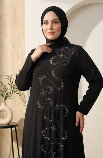 Robe De Soirée Hijab Ornée Grande Taille 6385-03 Noir 6385-03