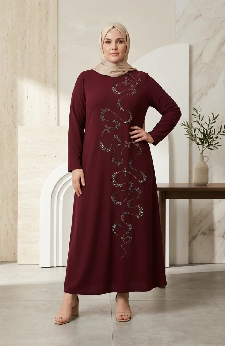 Robe De Soirée Grande Taille Avec Hijab Orné Réf. 6385-04 Bordeaux 6385-04