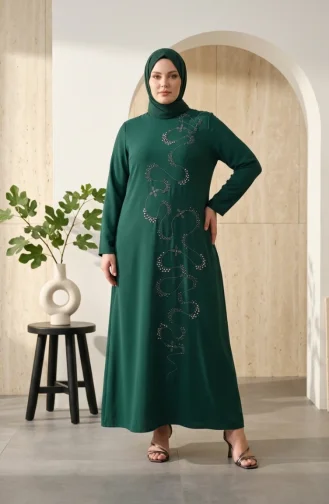 Robe De Soirée Hijab Ornée Grande Taille 6385-05 Vert émeraude 6385-05