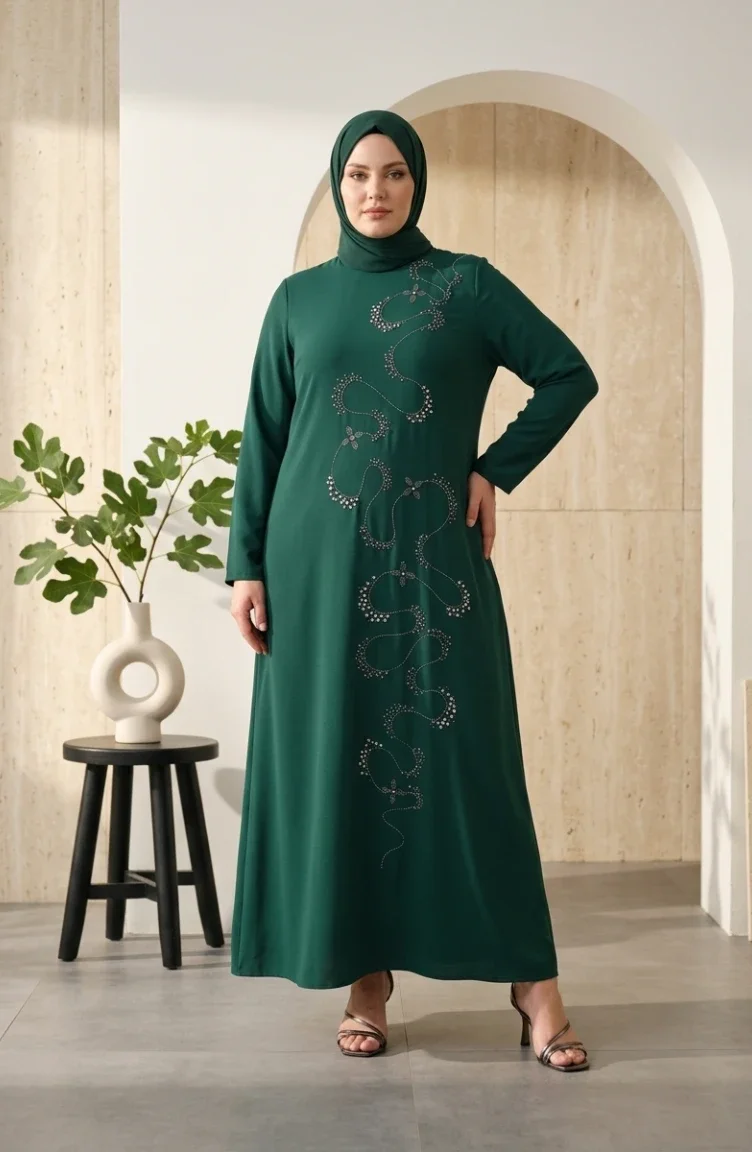 Robe De Soirée Hijab Ornée Grande Taille 6385-05 Vert émeraude 6385-05