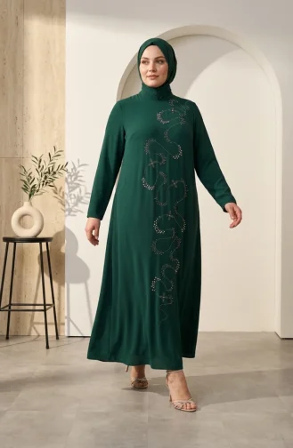 Robe De Soirée Hijab Ornée Grande Taille 6385-05 Vert émeraude 6385-05