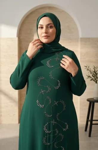 Robe De Soirée Hijab Ornée Grande Taille 6385-05 Vert émeraude 6385-05