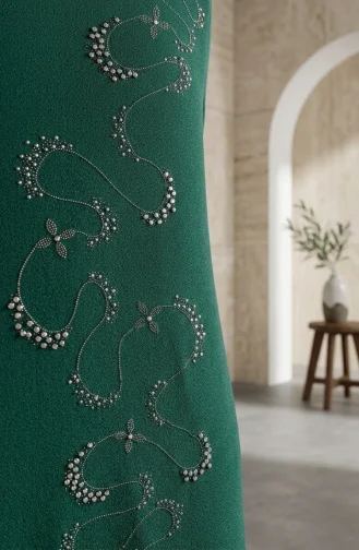 Robe De Soirée Hijab Ornée Grande Taille 6385-05 Vert émeraude 6385-05