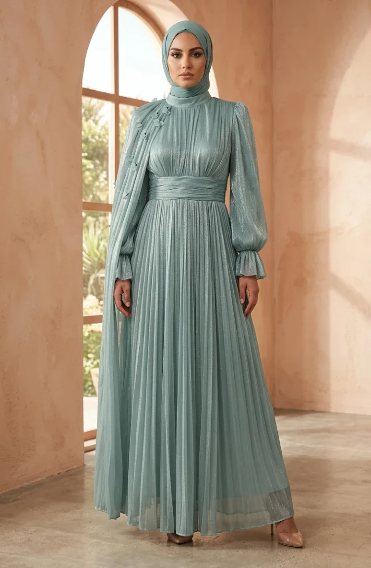 Plissiertes Chiffon-Hijab-Abendkleid 6395-01 Mintgrün 6395-01