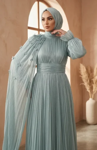 Plissiertes Chiffon-Hijab-Abendkleid 6395-01 Mintgrün 6395-01