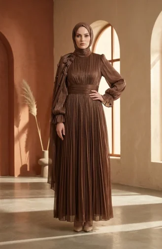 Robe De Soirée Plissée En Mousseline Avec Hijab Réf. 6395-03 Marron 6395-03