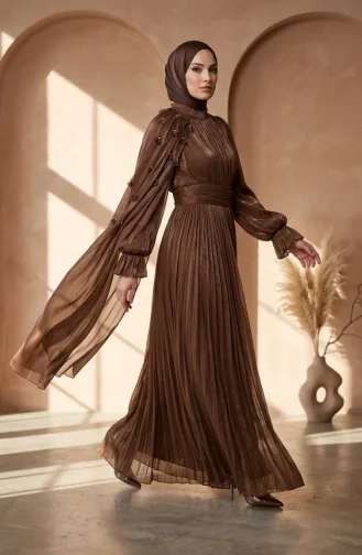 Robe De Soirée Plissée En Mousseline Avec Hijab Réf. 6395-03 Marron 6395-03