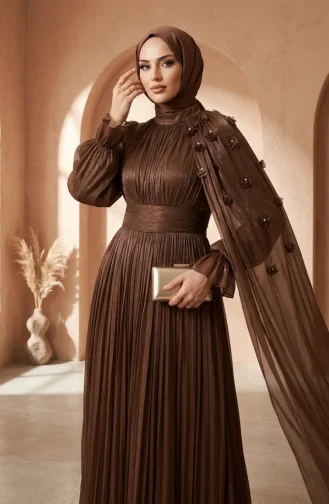 Robe De Soirée Plissée En Mousseline Avec Hijab Réf. 6395-03 Marron 6395-03