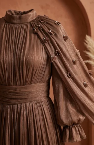 Robe De Soirée Plissée En Mousseline Avec Hijab Réf. 6395-03 Marron 6395-03