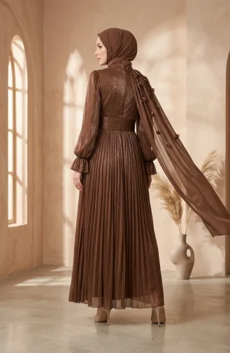 Robe De Soirée Plissée En Mousseline Avec Hijab Réf. 6395-03 Marron 6395-03