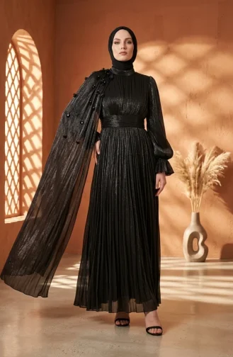 Plissiertes Chiffon-Hijab-Abendkleid 6395-04 Schwarz 6395-04