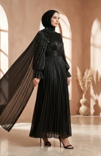 Plissiertes Chiffon-Hijab-Abendkleid 6395-04 Schwarz 6395-04