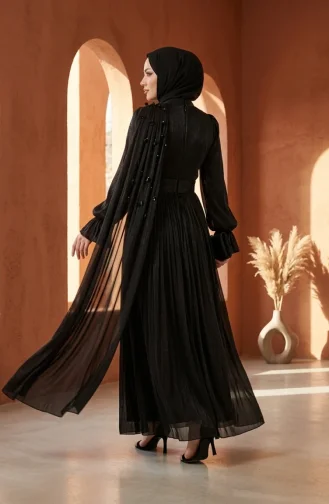 Plissiertes Chiffon-Hijab-Abendkleid 6395-04 Schwarz 6395-04