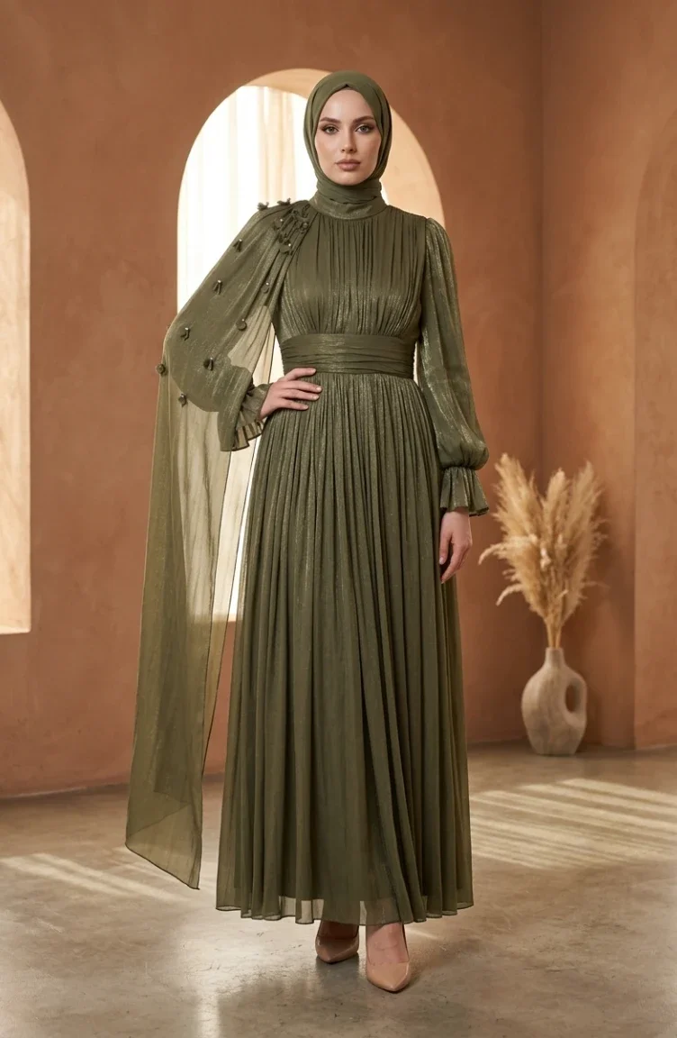 Plissiertes Chiffon-Hijab-Abendkleid 6395-05 Khaki 6395-05