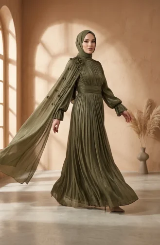 Plissiertes Chiffon-Hijab-Abendkleid 6395-05 Khaki 6395-05