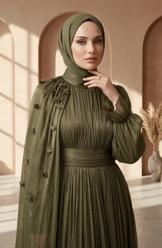 Plissiertes Chiffon-Hijab-Abendkleid 6395-05 Khaki 6395-05