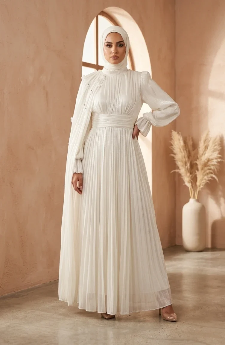 Plissiertes Chiffon-Hijab-Abendkleid 6395-06 Weiß 6395-06