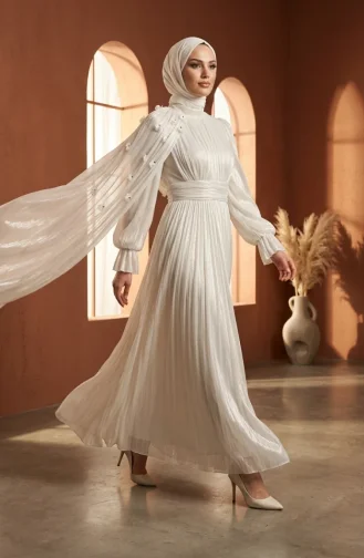 Plissiertes Chiffon-Hijab-Abendkleid 6395-06 Weiß 6395-06