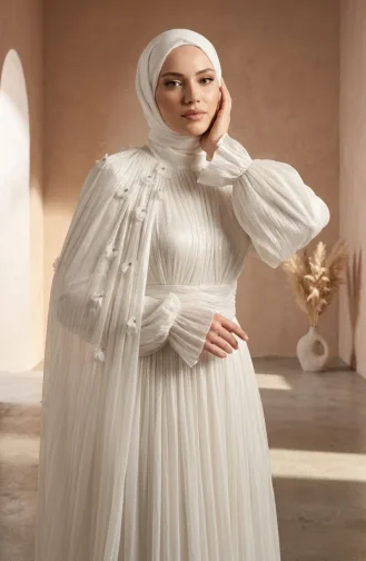 Plissiertes Chiffon-Hijab-Abendkleid 6395-06 Weiß 6395-06