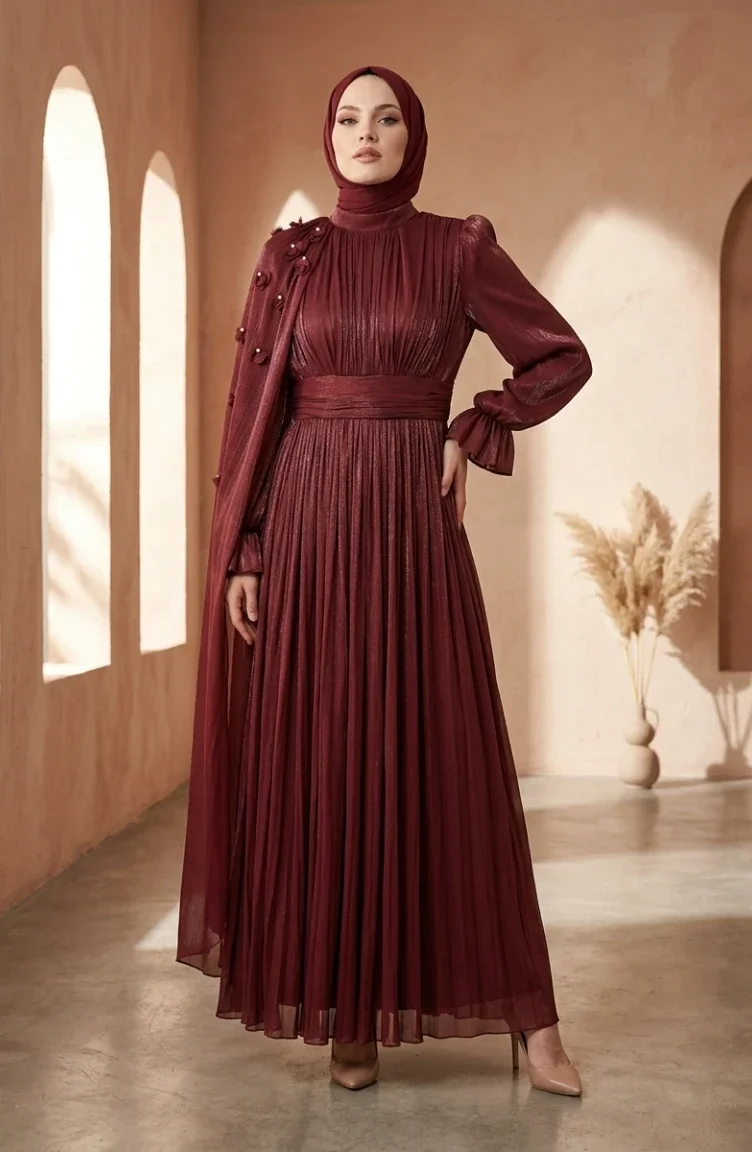 Plissiertes Chiffon-Hijab-Abendkleid 6395-07 Burgunderrot 6395-07