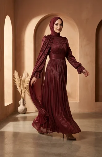 Plissiertes Chiffon-Hijab-Abendkleid 6395-07 Burgunderrot 6395-07