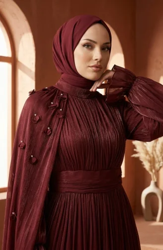 Plissiertes Chiffon-Hijab-Abendkleid 6395-07 Burgunderrot 6395-07