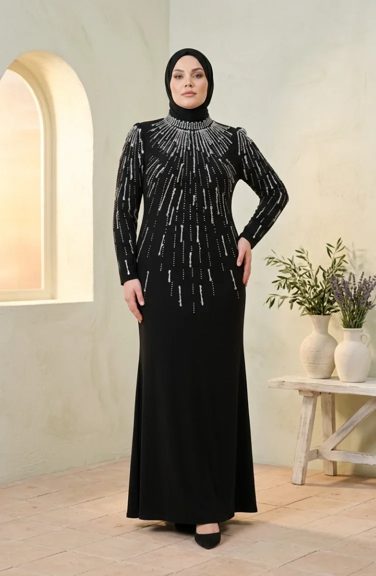 Robe De Soirée Hijab Ornée Grande Taille 6403-01 Noir 6403-01