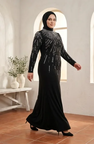 Robe De Soirée Hijab Ornée Grande Taille 6403-01 Noir 6403-01