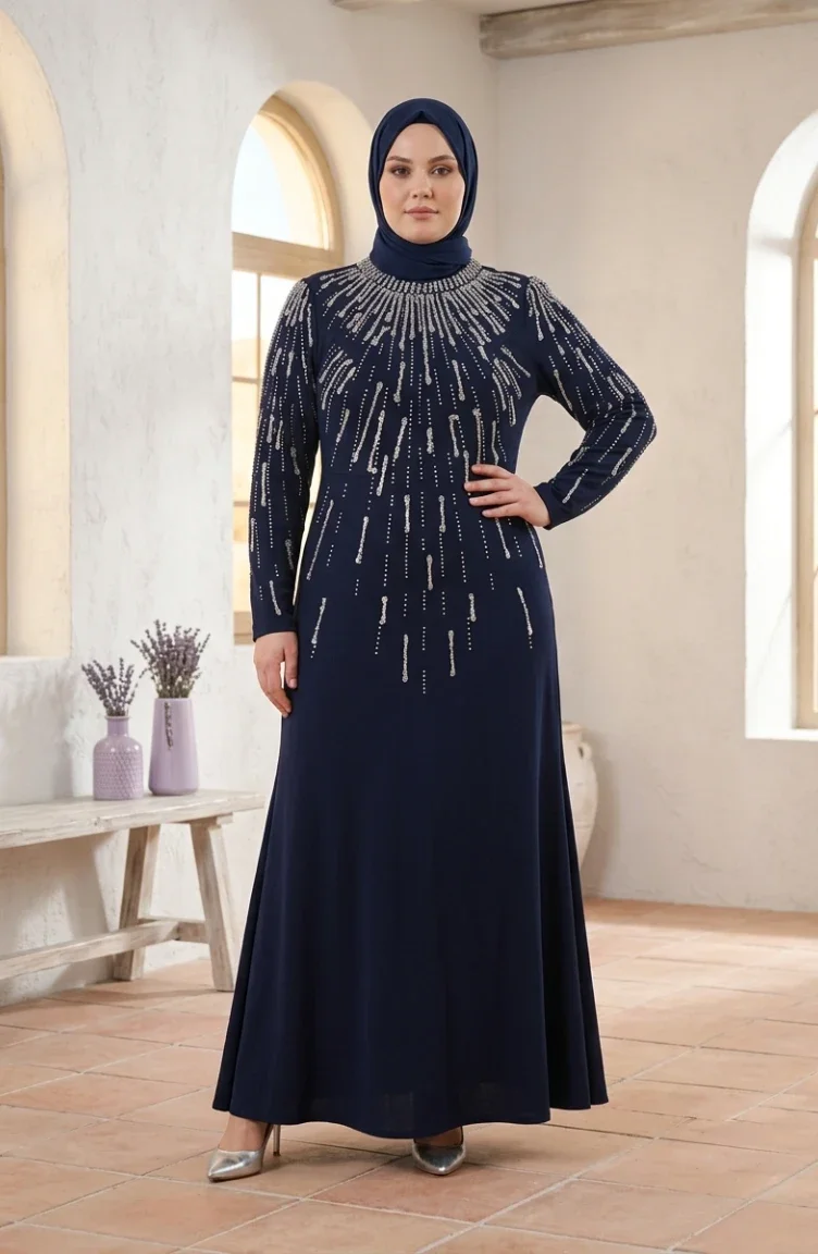 Robe De Soirée Grande Taille Avec Hijab Orné Bleu Marine 6403-02 6403-02