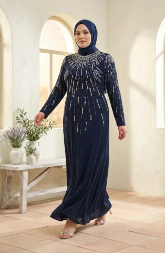 Robe De Soirée Grande Taille Avec Hijab Orné Bleu Marine 6403-02 6403-02