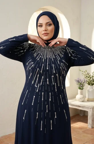 Robe De Soirée Grande Taille Avec Hijab Orné Bleu Marine 6403-02 6403-02