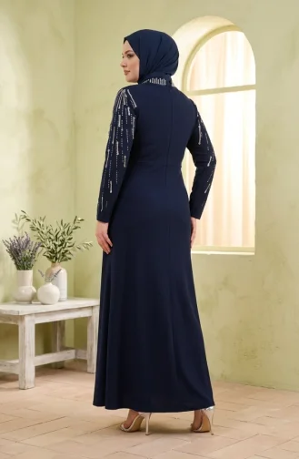Robe De Soirée Grande Taille Avec Hijab Orné Bleu Marine 6403-02 6403-02