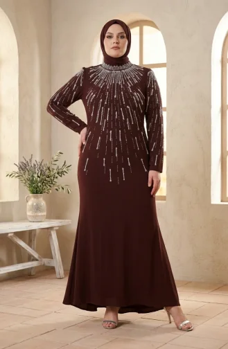 Robe De Soirée Grande Taille Avec Hijab Orné Marron 6403-03 6403-03