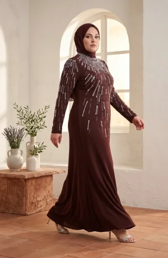 Robe De Soirée Grande Taille Avec Hijab Orné Marron 6403-03 6403-03