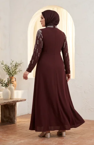 Robe De Soirée Grande Taille Avec Hijab Orné Marron 6403-03 6403-03