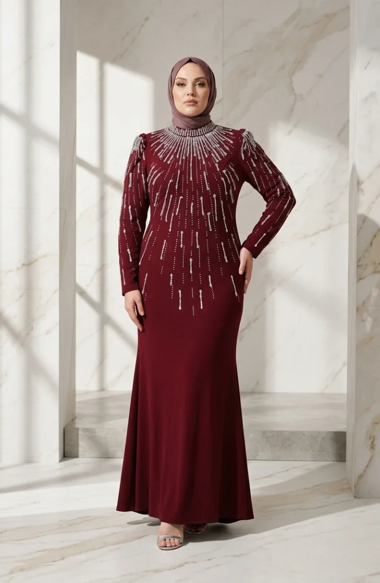 Robe De Soirée Grande Taille Avec Hijab Orné Réf. 6403-04 Bordeaux 6403-04