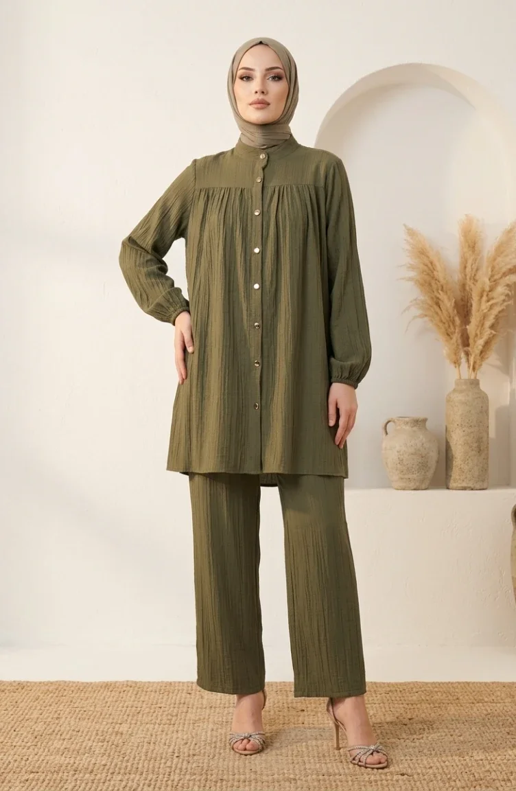 Mandarin Collar Button-Down Hijab Two-Piece Set 2295-01 Khaki 2295-01