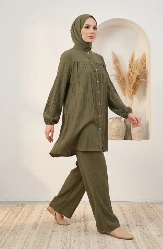 Mandarin Collar Button-Down Hijab Two-Piece Set 2295-01 Khaki 2295-01