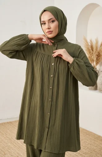 Mandarin Collar Button-Down Hijab Two-Piece Set 2295-01 Khaki 2295-01