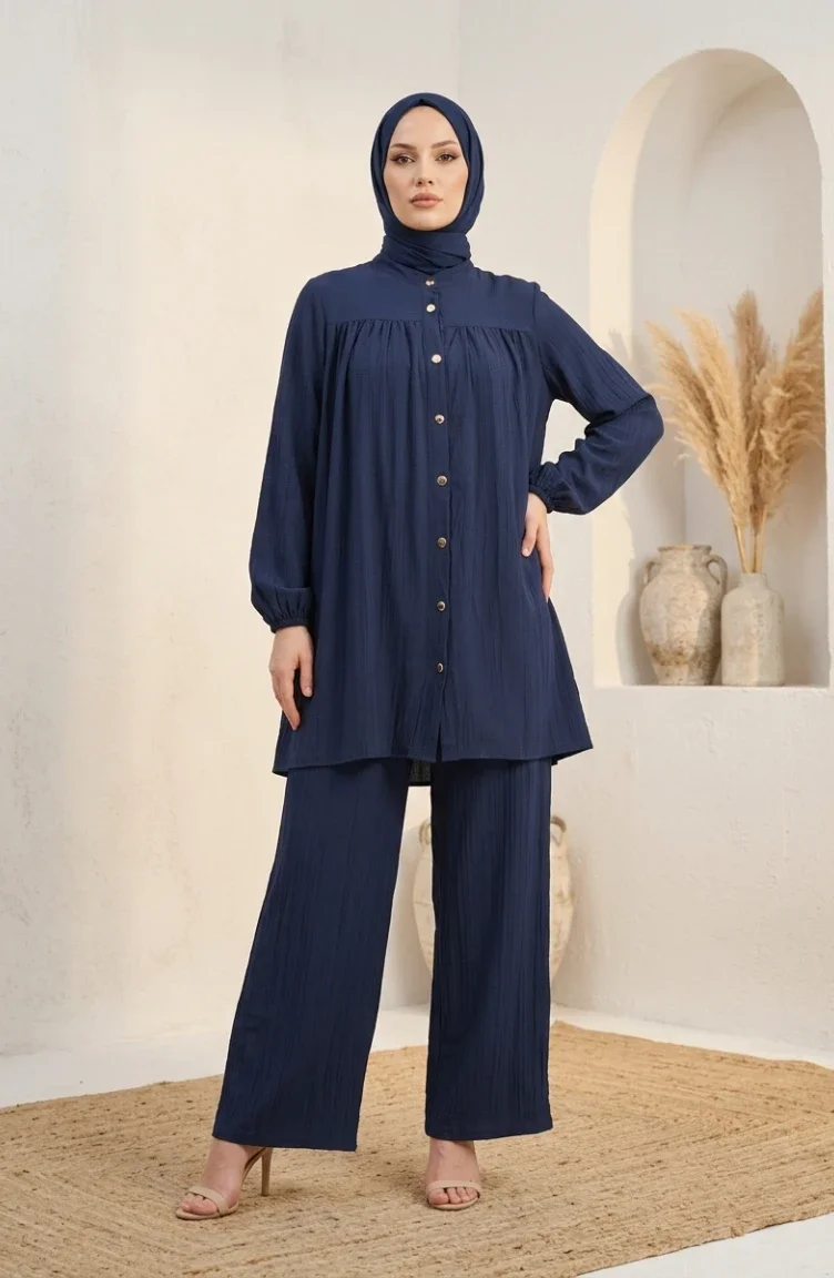 Mandarin Collar Button-Down Hijab Two-Piece Set 2295-02 Navy Blue 2295-02