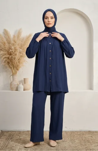 Mandarin Collar Button-Down Hijab Two-Piece Set 2295-02 Navy Blue 2295-02