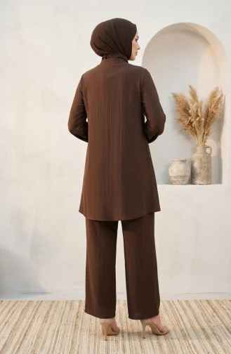طقم حجاب من قطعتين بياقة صينية وأزرار أمامية، 2295-03 بني 2295-03