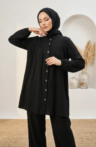 طقم حجاب من قطعتين بياقة صينية وأزرار أمامية، أسود، رقم الموديل 2295-04 2295-04