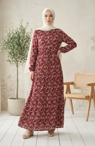 فستان حجاب منقوش بنصف أزرار من قماش الفسكوز 2296-01 لون عنابي 2296-01