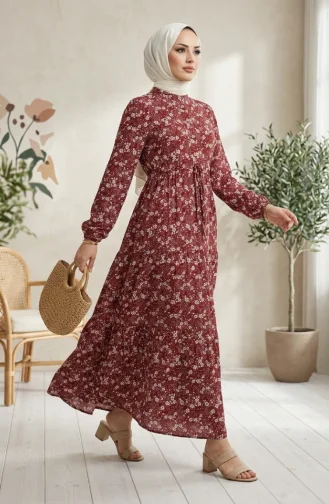 فستان حجاب منقوش بنصف أزرار من قماش الفسكوز 2296-01 لون عنابي 2296-01
