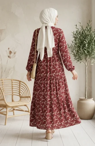 فستان حجاب منقوش بنصف أزرار من قماش الفسكوز 2296-01 لون عنابي 2296-01