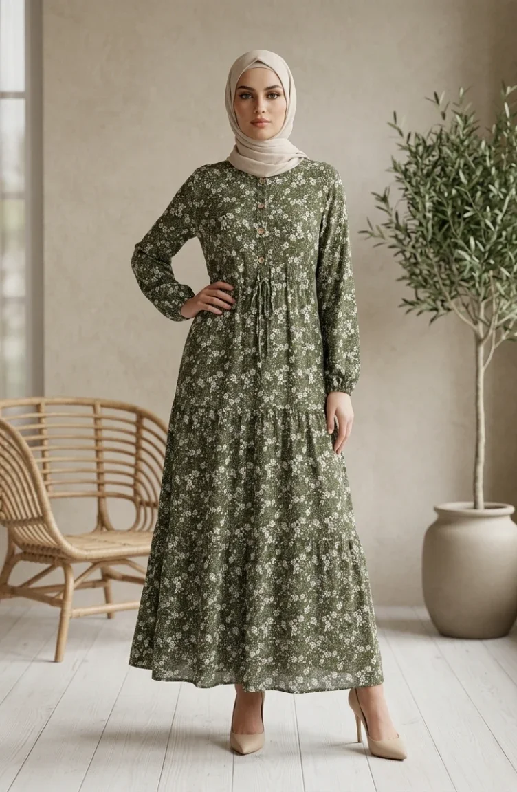 فستان حجاب منقوش بنصف أزرار من قماش الفسكوز 2296-02 كاكي 2296-02