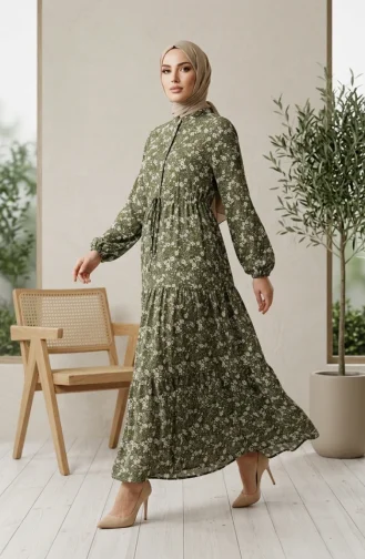 فستان حجاب منقوش بنصف أزرار من قماش الفسكوز 2296-02 كاكي 2296-02